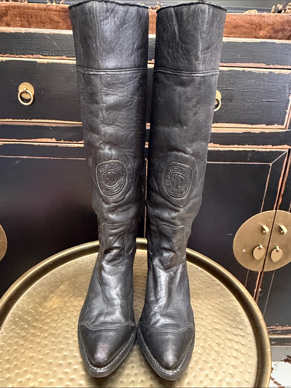 Harley-Davidson Vintage Black Leather Knee-High Lace-Up Women's Boots - Picture 4 of 11